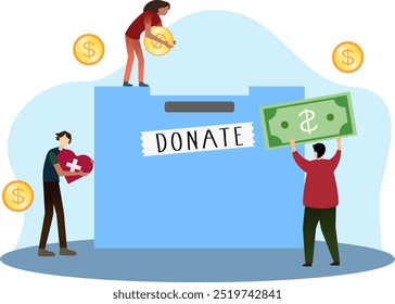 Los voluntarios están haciendo caridad y donación a través de la Ilustración vectorial de cajas de donación, arte conceptual de Asistencia financiera, personas que recaudan dinero a través de la Ilustración vectorial de cajas de donación