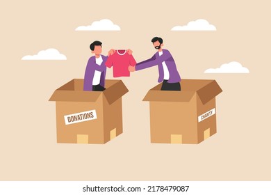 Volunteers doing mutual sharing with clothes in box. Charity day concept. Flat vector illustration isolated.