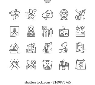 Volunteers. Donate and kindness. Humanitarian aid. Volunteers Day. Volunteer center. Pixel Perfect Vector Thin Line Icons. Simple Minimal Pictogram