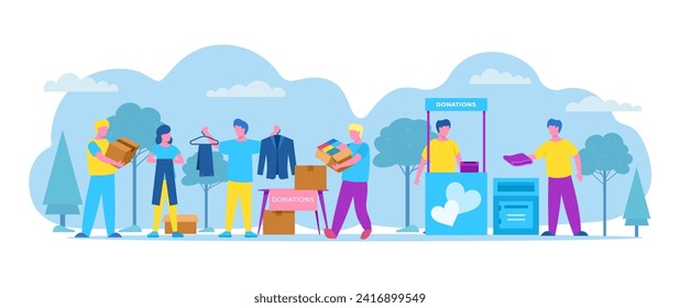 Volunteers donating clothes and books at a charity donation stand. People give away items to help the needy. Generosity and community support vector illustration.