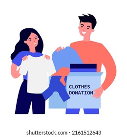 Volunteers donating clothes and food for charity flat vector illustration. Kindness and generosity concept.