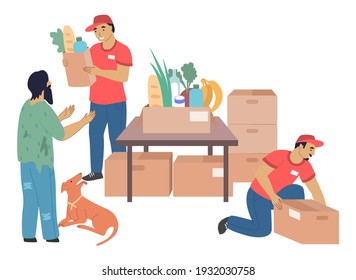 Volunteers Donating Foods To Homeless And Poor People, Flat Vector Illustration. Food Drive. Care For Homeless, Volunteering And Charity.