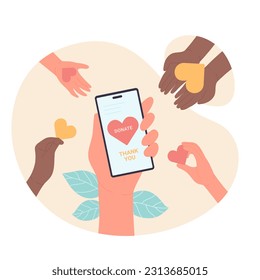 Volunteers donating hearts in charity campaign to help. Hand holding mobile phone with Donate and Thank you text on screen flat vector illustration. Fund, donation app concept