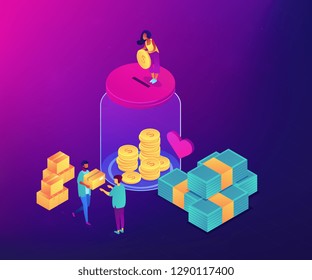 Volunteers donating money into the donation jar and carrying donation boxes with goods. Donation, charity donation funds, gift in kind concept. Ultraviolet neon vector isometric 3D illustration.