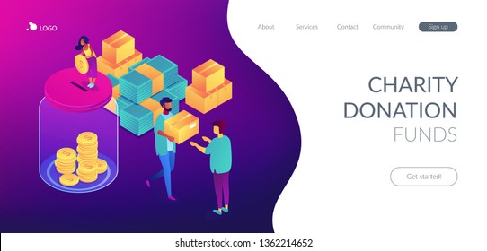 Volunteers donating money into the donation jar and carrying donation boxes with goods. Donation, charity donation funds, gift in kind concept. Isometric 3D website app landing web page template