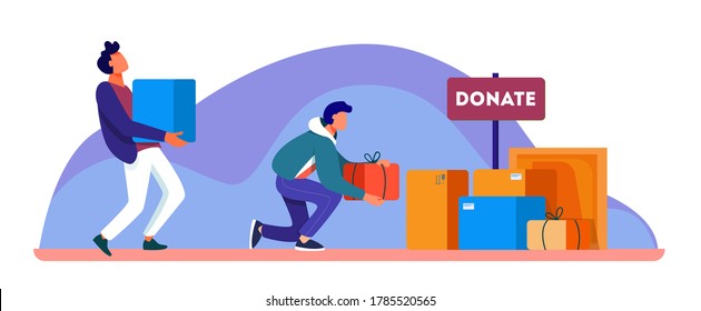 Volunteers donating stuff in boxes for poor people. Service, homeless, kindness flat vector illustration. Charity and care concept for banner, website design or landing web page