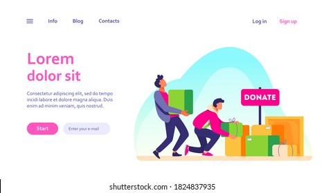 Volunteers donating stuff in boxes for poor people. Service, homeless, kindness flat vector illustration. Charity and care concept for banner, website design or landing web page