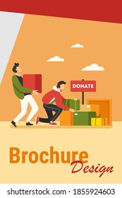 Volunteers donating stuff in boxes for poor people. Service, homeless, kindness flat vector illustration. Charity and care concept for banner, website design or landing web page