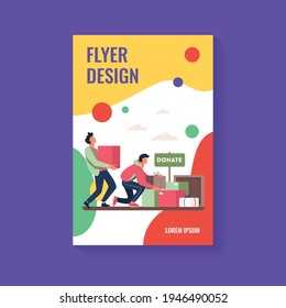 Volunteers donating stuff in boxes for poor people. Service, homeless, kindness flat vector illustration. Charity and care concept for banner, website design or landing web page