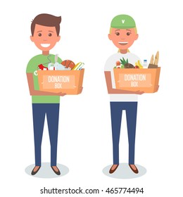 Voluntarios con cajas de donaciones aisladas en blanco. Ilustración vectorial