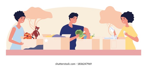 Volunteers and donation boxes. People collect charity, clothes food toys medicines for those in need. Social helpers vector concept