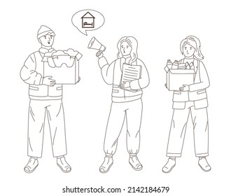 Volunteers with donations, assistance resettlement volunteering concept. Doodle helping poor refugees. Charity diverse young people, altruistic activity character. Outline philanthropy, kindness
