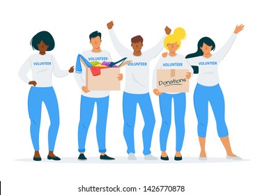 Volunteers with donations flat vector illustration. Diverse group of people, young students, friends volunteering. Philanthropy, kindness and charity. Used clothes sharing isolated clipart