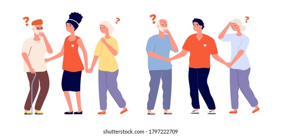 Volunteers and elderly. Old people memory loss with male female social workers. Isolated kind woman and man helping seniors vector illustration