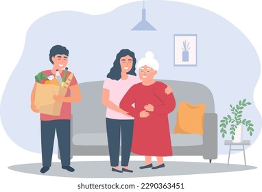 Volunteers to an elderly woman making home delivery of groceries. The young help the old, work as a nurse. Vector graphics.
