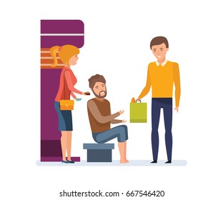 Volunteers engaged in charitable affairs, helping a homeless person with money and food, attention and a warm attitude to people in need. Vector illustration, people in cartoon style.