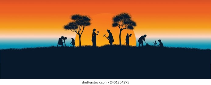 Volunteers engaging in a tree-planting drive, silhouetted against a vibrant dawn or dusk sky, embodying the spirit of conservation for events like Earth Day and World Environment Day.