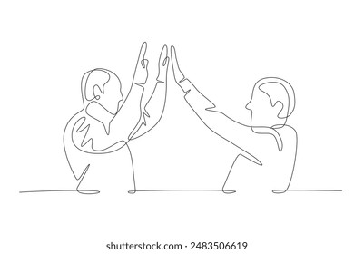 Volunteers entertain the elderly. Community care concept one-line drawing