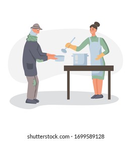 Volunteers feed homeless people. The concept of poverty, misery, unemployment, volunteers. Flat cartoons vector illustration.
