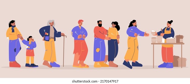 Volunteers feeding homeless people in shelter. Bums and beggars stand in queue for receiving food in emergency housing, temporary residence charity for paupers, Line art flat vector illustration