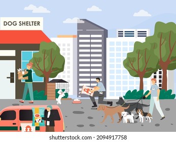 Volunteers feeding, walking, caring for homeless dogs and cats in pet shelter, vector illustration. Volunteering.