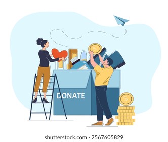 Volunteers filling donation box. Man and woman fill cardboard box with clothes and food. Volunteers of charity organization. Generosity and kindness. Linear vector illustration