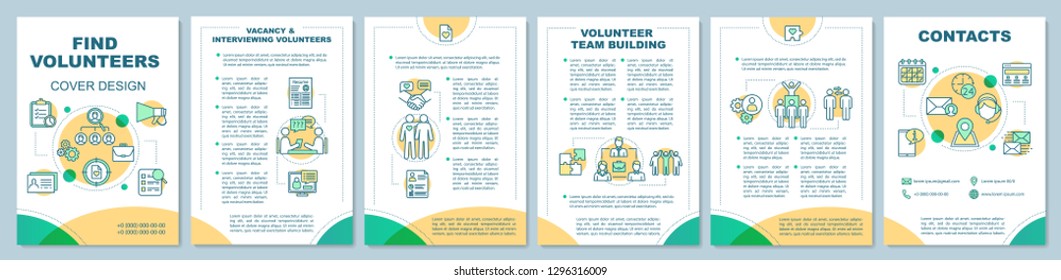 Volunteers finding brochure template layout. Volunteering team. Flyer, booklet, leaflet print design with linear illustrations. Vector page layouts for magazines, annual reports, advertising posters