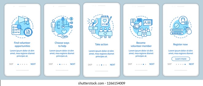 Volunteers finding onboarding mobile app page screen with linear concepts. Humanitarian help. Volunteer program walkthrough steps graphic instructions. UX, UI, GUI vector template with illustrations