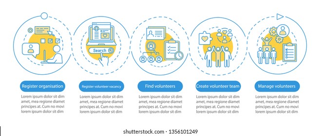 Volunteers finding vector infographic template. Humanitarian help. Business presentation design elements. Data visualization with five steps and options. Process timeline chart. Workflow layout
