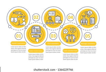 Volunteers finding vector infographic template. Humanitarian help. Business presentation design elements. Data visualization with five steps and options. Process timeline chart. Workflow layout