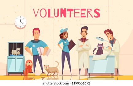 Volunteers flat poster with veterinarian in vet clinic examining sick pet delivered by volunteers vector illustration    