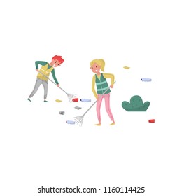 Volunteers gathering garbage on the street using rakes vector Illustration on a white background