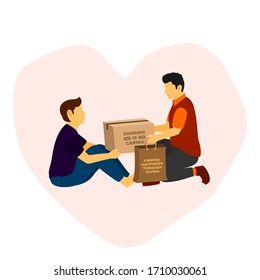 Volunteers give other people donations bring in paper bag and cardboard box, social care charity illustration. svg