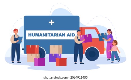 Volunteers giving boxes with humanitarian aid to poor people. Male characters standing with help boxes near van flat vector illustration. Charity foundation, donation of food and clothes concept