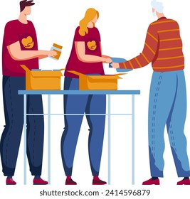 Volunteers giving food to elderly man, charity event, people helping seniors. Community service, social care, food donation vector illustration.