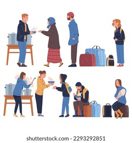 Volunteers giving food, helping homeless people and refugees set. Humanitarian support to refugees and migrants vector illustration