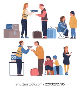 Volunteers giving food to homeless people set. Humanitarian support to refugees and migrants, food distribution point vector illustration