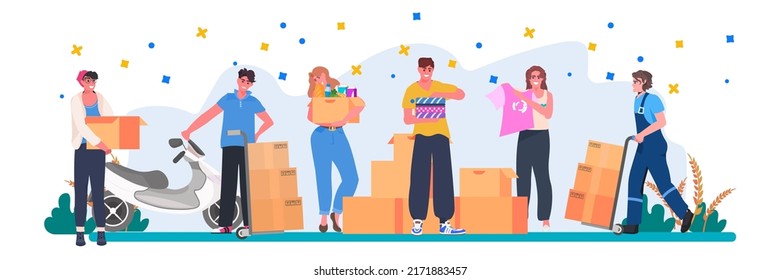 volunteers giving help boxes to refugee humanitarian aid material assistance governmental help stop war in Ukraine