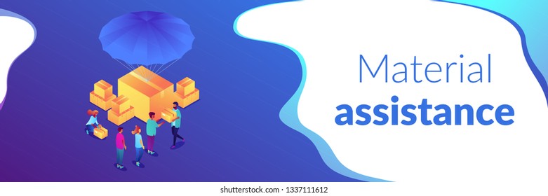 Volunteers giving humanitarian aid boxes delivered with parachute to refuges. Humanitarian aid, material assistance, governmental help concept. Isometric 3D banner header template copy space.