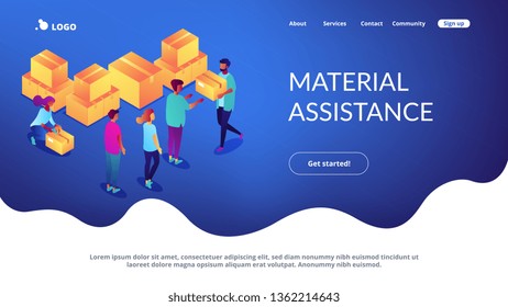Volunteers giving humanitarian aid boxes delivered with parachute to refuges. Humanitarian aid, material assistance, governmental help concept. Isometric 3D website app landing web page template