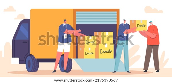 Volunteers Giving Humanitarian Aid Help Box
to Senior Man Refugee or Homeless Character. Governmental Help to
People in Need, Donation, Material Assistance Concept. Cartoon
Vector Illustration