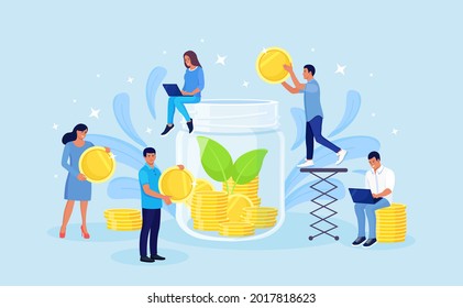 Volunteers giving money. Donation, charity, support concept. Tiny characters throw coins into huge glass jar for donate. People make savings, collecting currency in account, open bank deposit. Vector