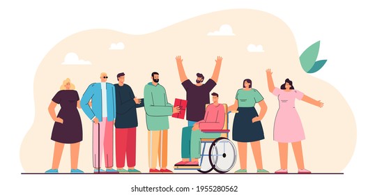 Volunteers giving presents to disabled person. People helping man in wheelchair and blind guy flat vector illustration. Healthcare, volunteering concept for banner, website design or landing web page