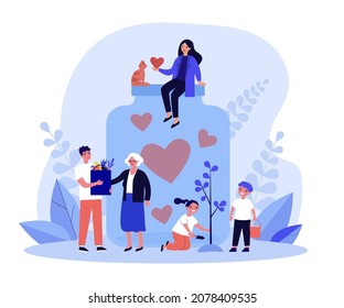 Volunteers giving support and love, collecting hearts in jar. Assistance and care from tiny people flat vector illustration. Charity, awareness concept for banner, website design or landing web page