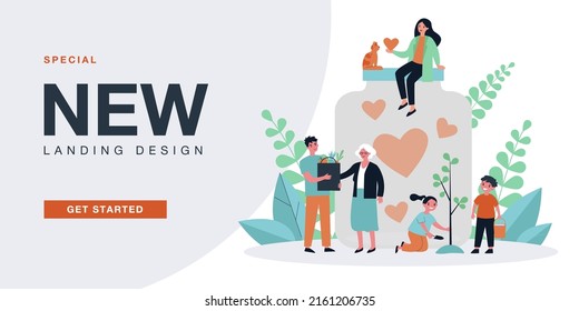 Volunteers giving support and love, collecting hearts in jar. Assistance and care from tiny people flat vector illustration. Charity, awareness concept for banner, website design or landing web page