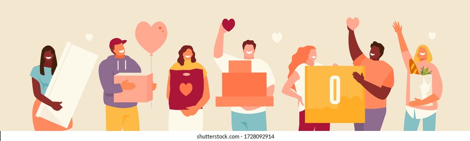 Volunteers group with donations in their hands. Vector illustration