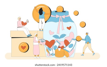 Volunteers group on charity event. Fundraising for non profit organization fund. Glass money jar, donation box with people giving financial support. Vector illustration isolated on white.