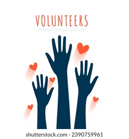 volunteers group raised hand background with love heart vector