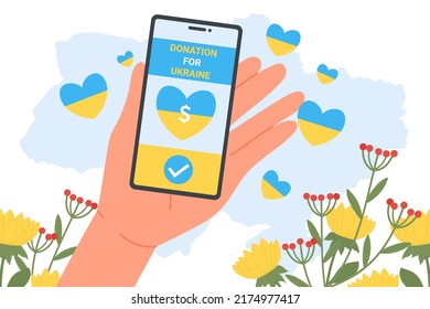 Volunteers hand holding phone with donation mobile app. Person holding smartphone to donate money for army and citizens of Ukraine flat vector illustration. Support, solidarity with Ukraine concept