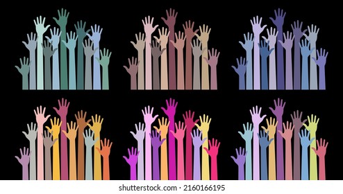 Volunteers hands up emblem icon for education, health care, medical, volunteer, vote. Vibrant caring up hands set. Logo design element.  Vector illustration 